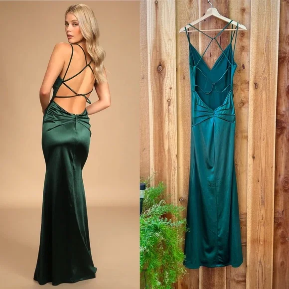 Lulus | Dresses | Emerald Green Satin Strappy Backless Mermaid Maxi Dress |  Poshmark